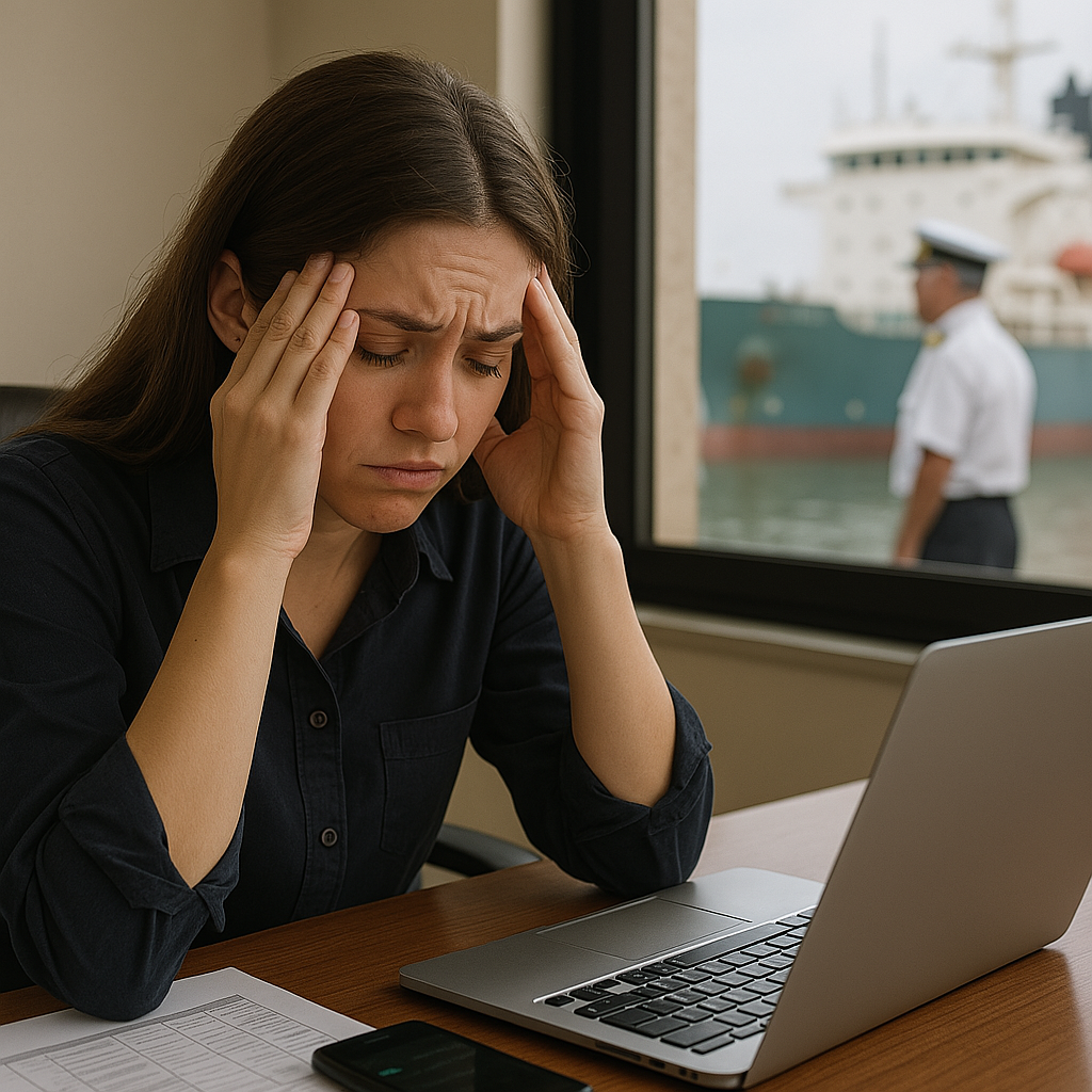 Stressed port agent working at a laptop